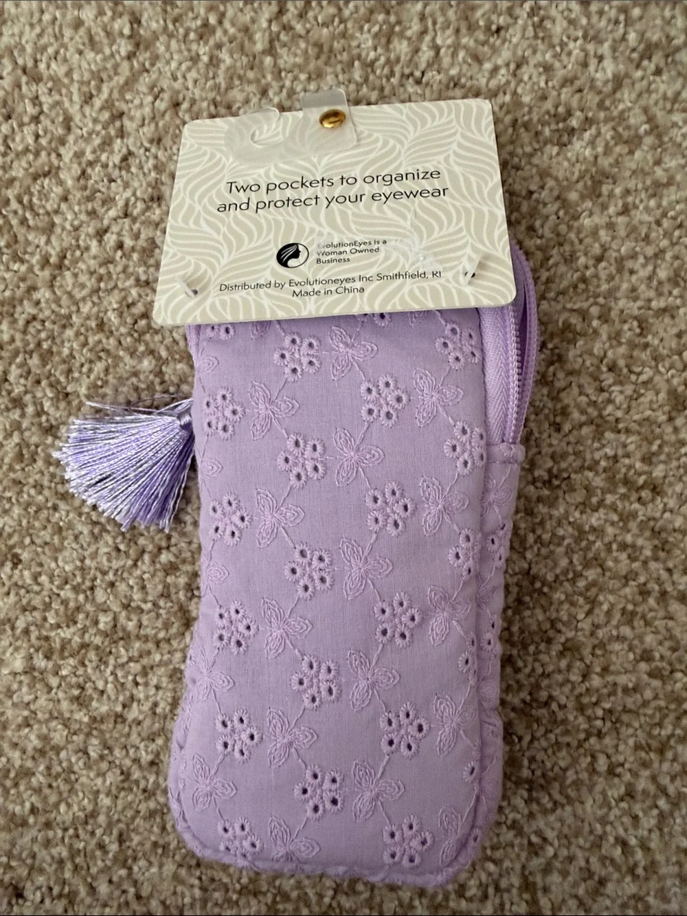 Travel Lavender Purple Embroidered Floral Zip Double Eyeglass Case with Tassels